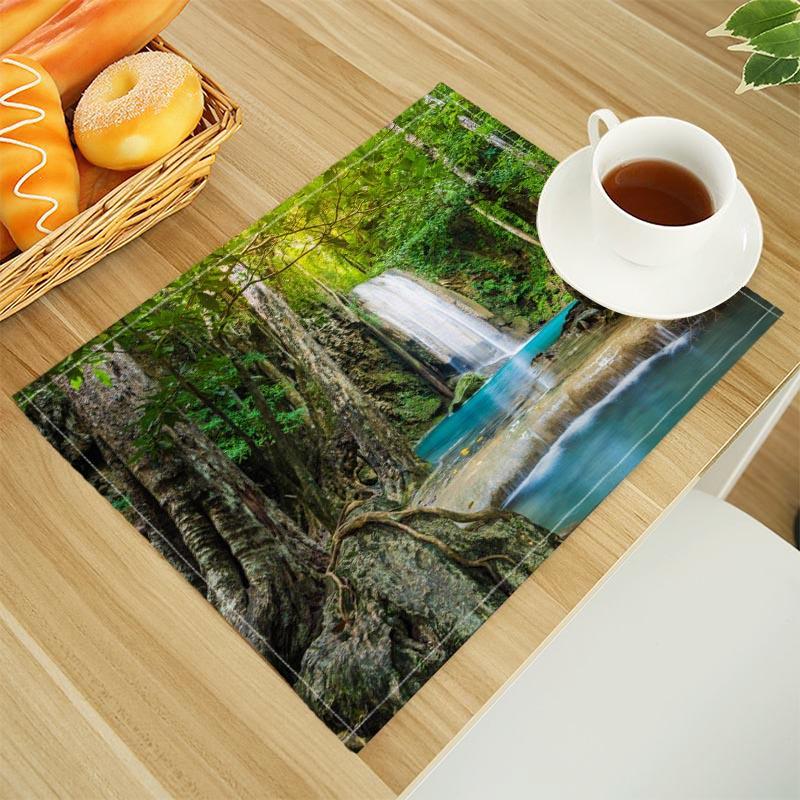 Natural Waterfall Print Linen Dining Table Mats Alphabet Kitchen Placemat 30X45cm Coasters Pads Bowl Cup Mat