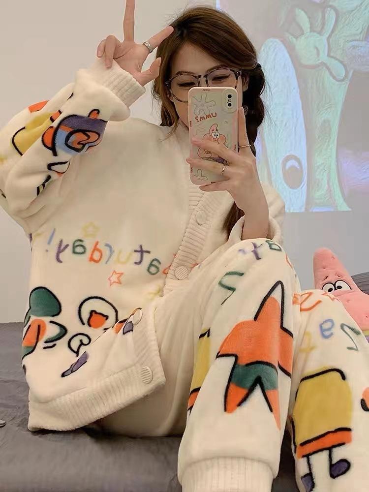 Sleepwear Set Thickened Warm Cute Sweet Cardigan Home Clothes for Women