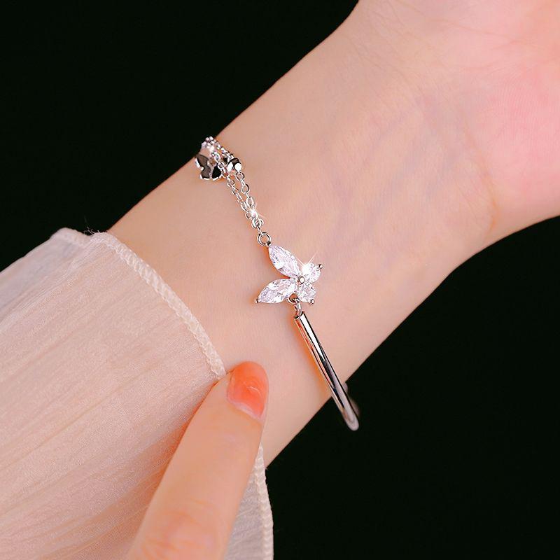 Butterfly Shiny Zircon Silver Color Bangle Light Luxury Multi-Layer Chain Bracelet For Women Hand Accessories Jewelry