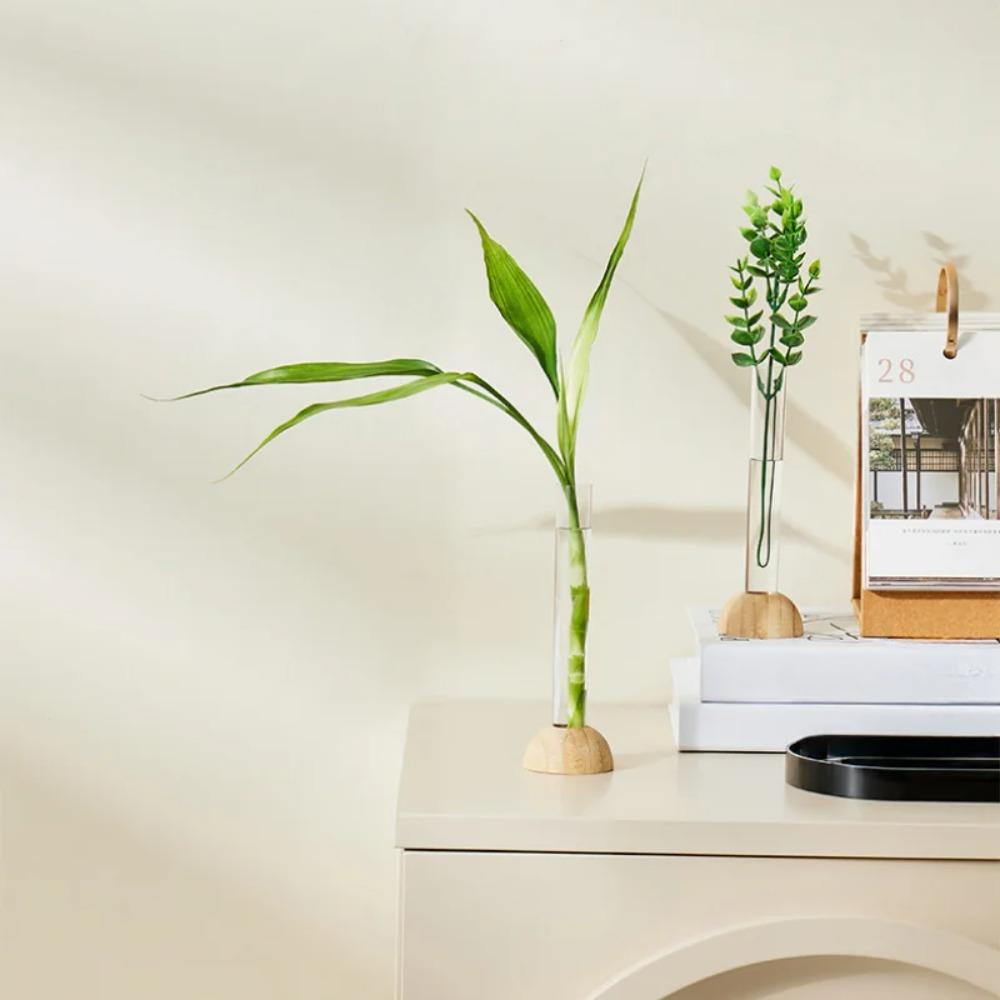 With Bamboo Base Transparent Hydroponic Vase Space-Saving Plants Flower Pot Test Tube Clear Vase