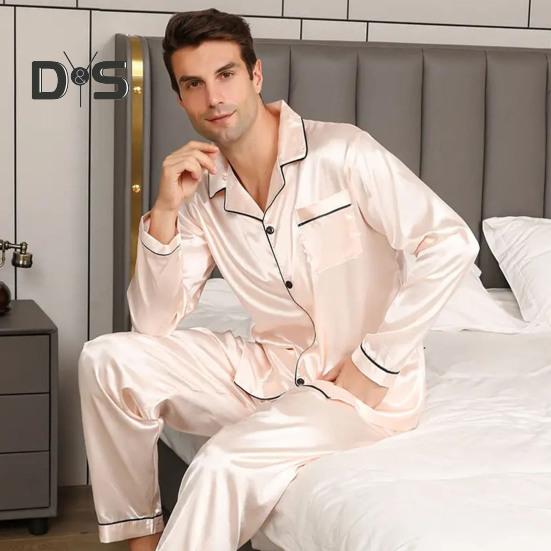 2 шт./компл. Шелковый атласный мужской пижамный комплект с пуговицами, длинными рукавами, верхом из пижамы с воротником-стойкой, пуговицами спереди, нагрудным карманом, длинными штанами, одежда для сна