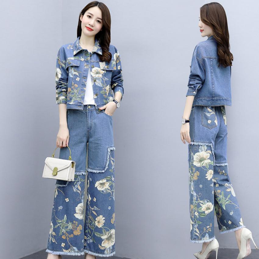 Джинсовая куртка из 2 предметов, широкие брюки, костюм, женский повседневный модный тонкий пиджак, брюки, комплект из двух предметов