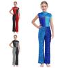 Girls Performance Jumpsuit Mock Neck Sleeveless Design Keyhole Back Color Block Sequined Dancewear