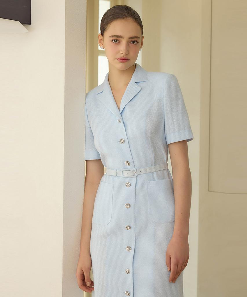 Julie And Kara 25Hs Collar 120 Terroir Line Queen Long Tweed Dress Sky Blue