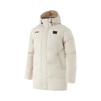 Li Ning Badminton Series с капюшоном и логотипом Color Block, пуховик средней длины для мужчин, верхняя одежда, серебристо-рыбье-серый AYMU341-2