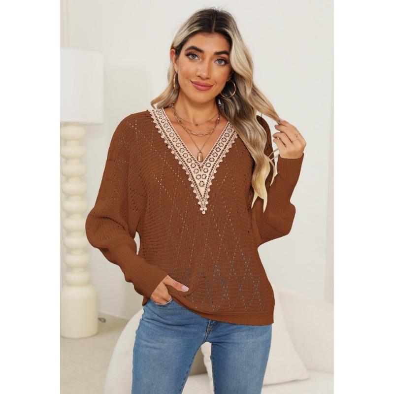 Женский свитер осень/зима с вырезом, кружевом и V-образным вырезом в стиле пэчворк с рукавами летучая мышь