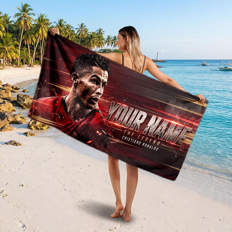 Cristiano Ronaldo Custom Beach Towel, Personalized Name Text Print, Football Logo Soft Quick‑Dry Towel Holiday Gift