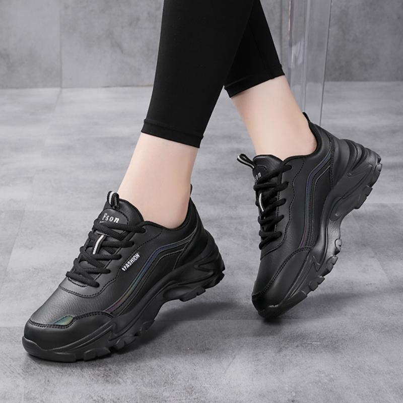 Leisure Sports Women's Single Shoes New Color Blocking Thick Soled Leather Flat Vulcanized Running Shoes Platform Sneakers