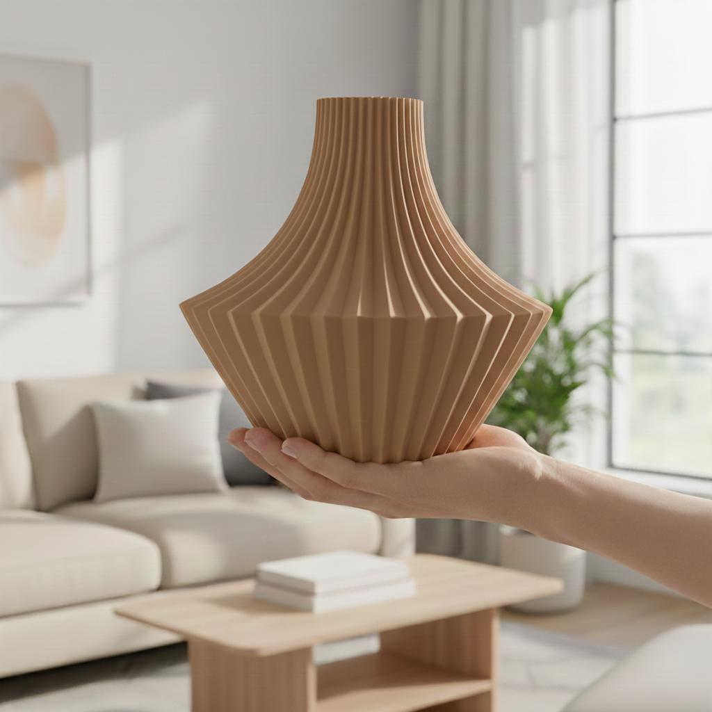 Brown decorative vase in the shape of pleats for flowers, elegant design