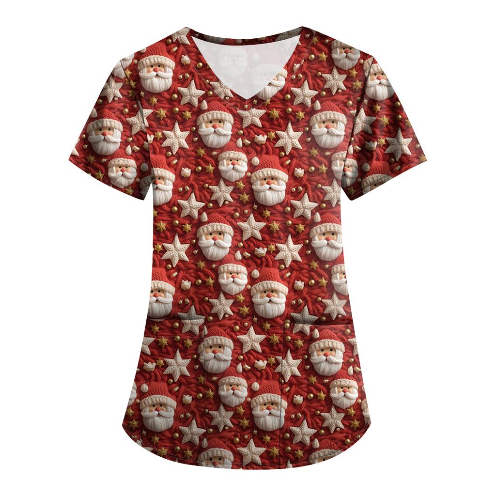 Большой размер Принтованный скраб Рабочая униформа Топы для женских V-образный вырез с запахом Принт Короткий рукав Веселые футболки Рабочая одежда Футболка с карманами