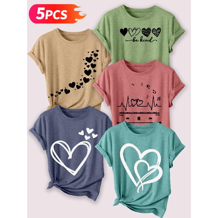Follow a specific direction Five-piece set for women T Shirt Heart-shaped line art print Summer Casual Elegant Women's Clothing Short Sleeve Top