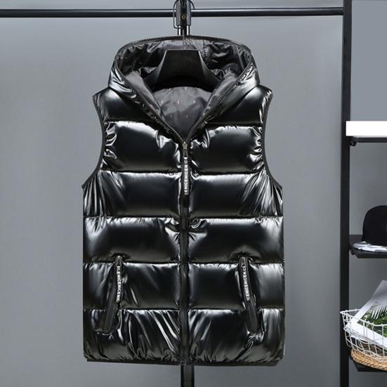 Autumn Winter Men Vest Cotton Padded Hood Solid Color Plus Size Bright Surface Thickened Jacket Streetwear
