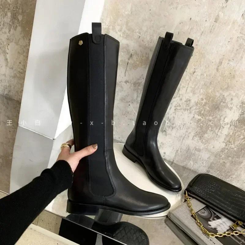 2024 НОВЫЕ Женские Ботинки Челси из Натуральной Кожи Кожаные Туфли До Колена На Каблуке Повседневные Женские Носки Туфли На Платформе Весна Зима Сапоги До Колена