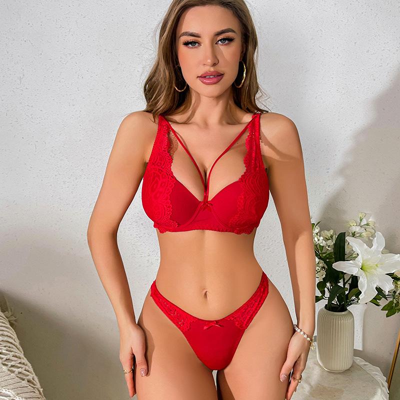Комплект кружевного нижнего белья для европейских и американских женщин, комплект нижнего белья с открытыми бретельками, сексуальный комплект с бюстгальтером и стрингами