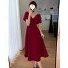 Плюс Размер Винно-Красный Французский V-образный вырез Стиль Хепберн Летняя пышная юбка с рукавами-фонариками Длинная юбка для похудения