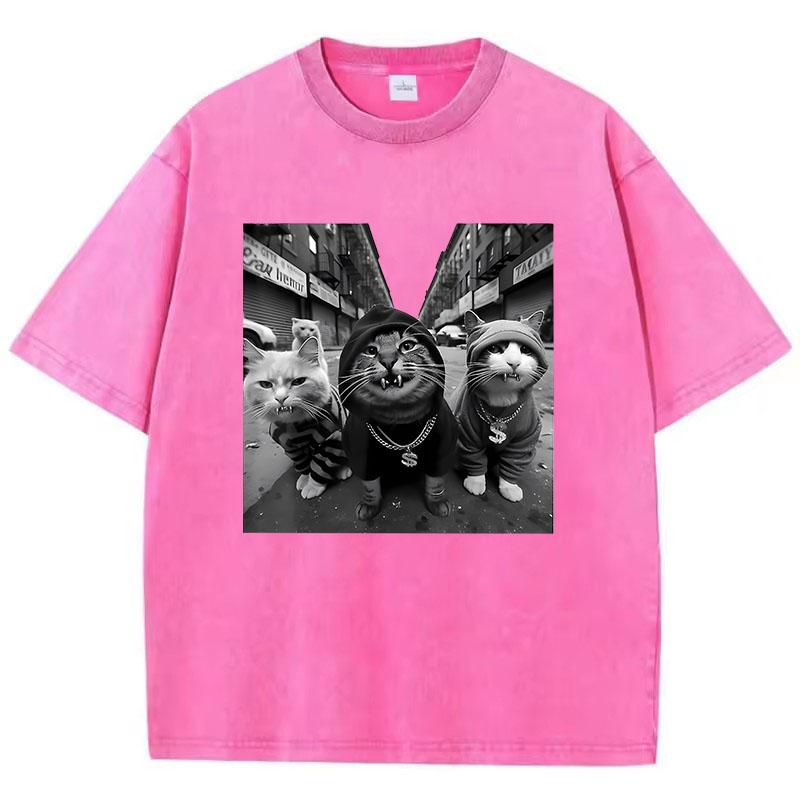 Уличная футболка с кошкой в стиле хип-хоп Винтажная стираная хлопковая футболка Графическая футболка Повседневная уличная одежда Весенняя летняя футболка