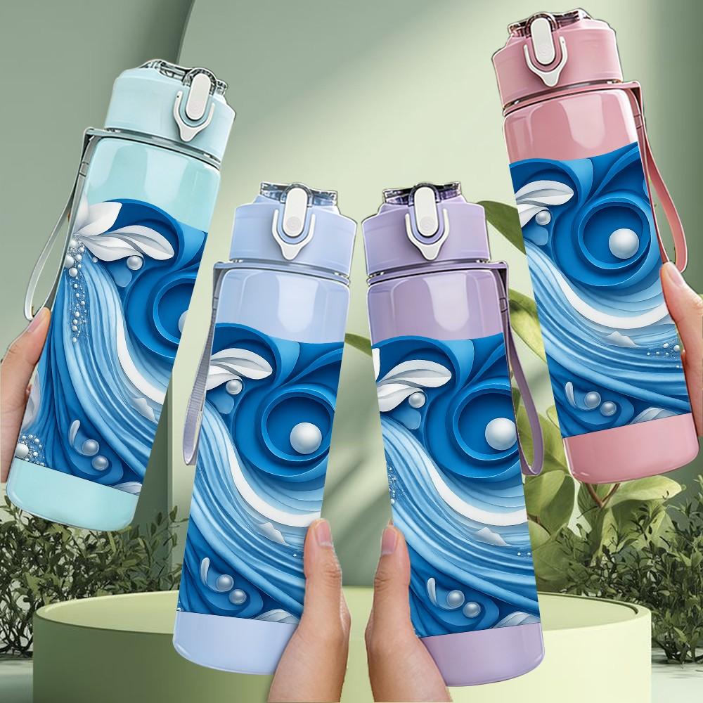1PC Blue Ocean Wave Swirl Art Print 750ml Color Plastic Sports Water Bottle Leakproof Flip Straw Lid Suitable for Sports Office Home Use