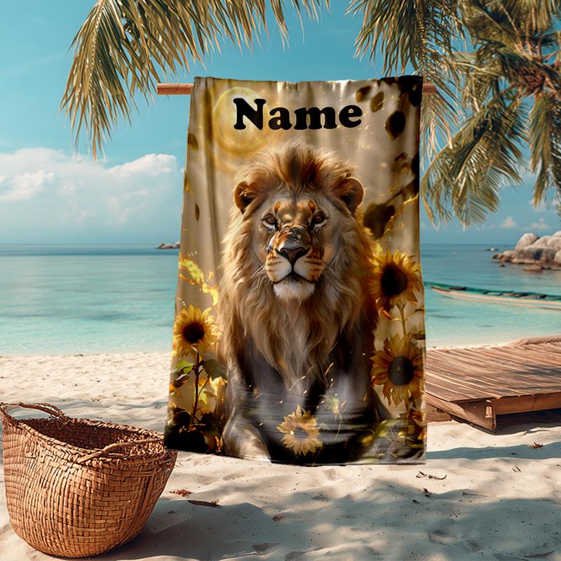 Custom Name Ultra-Soft Beach Towel with Lion Theme,Ideal for Pool - Camping, Diving - Perfect Travel Essential, Vibrant Beach Towel.