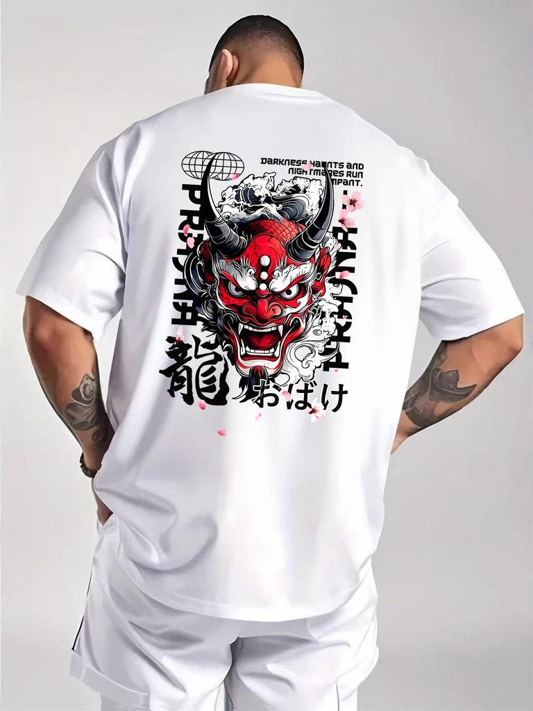 Мужская футболка с принтом японского демона Они на спине, с акцентом на плотный хлопок, повседневного кроя, с круглым вырезом, топы для косплея