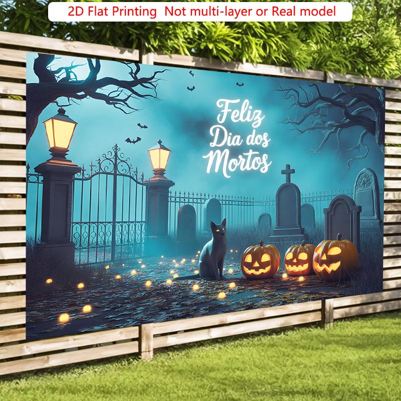 Party Backdrop Halloween Flat Eerie Cemetery Pumpkins Ghostly Event Photo Background Party Decor