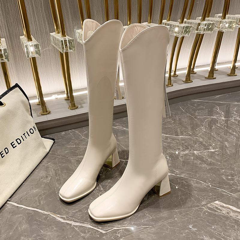Black Winter Women Boots Fashion Platform Thick Heel Knee High Zipper Autumn Long Shoes  Square Heel Rubber Chelsea