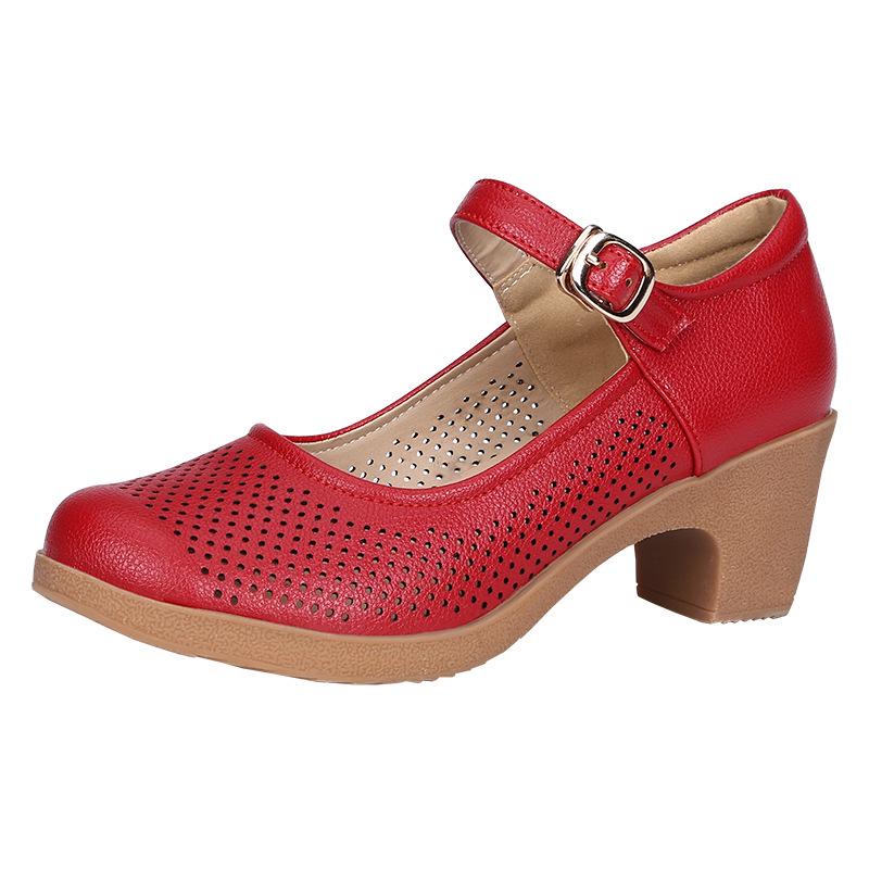 2025 туфли женские на толстом каблуке рабочие туфли для通勤 полая подошва из говяжьей кожи спортивная обувь мягкая подошва одинарные туфли сандалии высокие каблуки