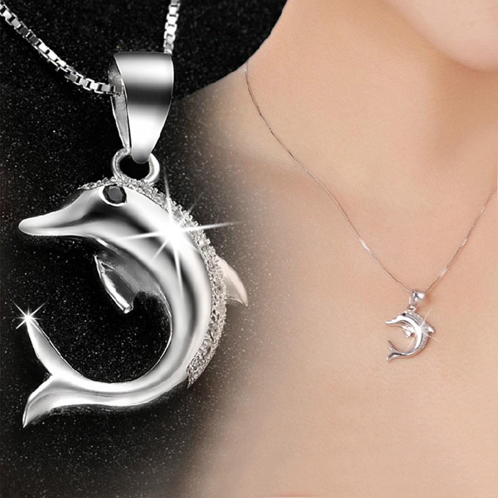 925 Sterling Silver Temperament Cute Dolphin Zircon Pendant Necklace, Birthday Party Anniversary Gift, Ladies Jewelry