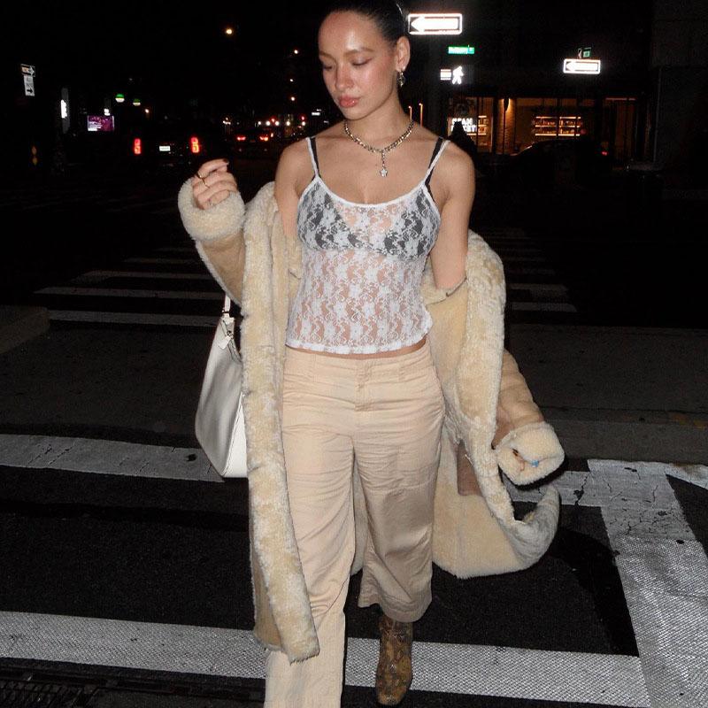 Женские летние сексуальные кружевные укороченные топы без рукавов с прорезями, прозрачные, милые, для клубных вечеринок, Y2K, топы на бретелях, уличная одежда