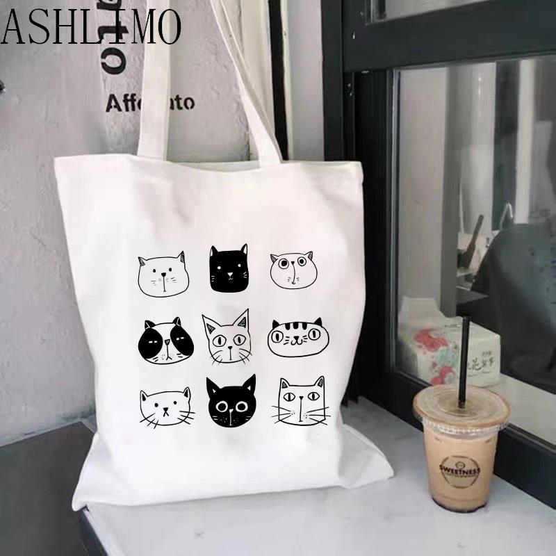 Женская сумка для покупок, милая черная забавная большая сумка с котом, складная сумка для покупок, дизайнерские сумки, сумка для покупок большой емкости с принтом