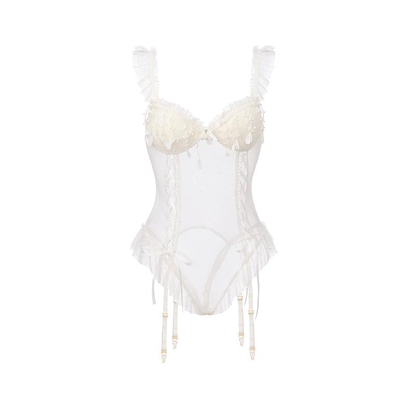 Women's Lace Sheer Mesh Deep V Padded Bodysuit Lingerie Set
