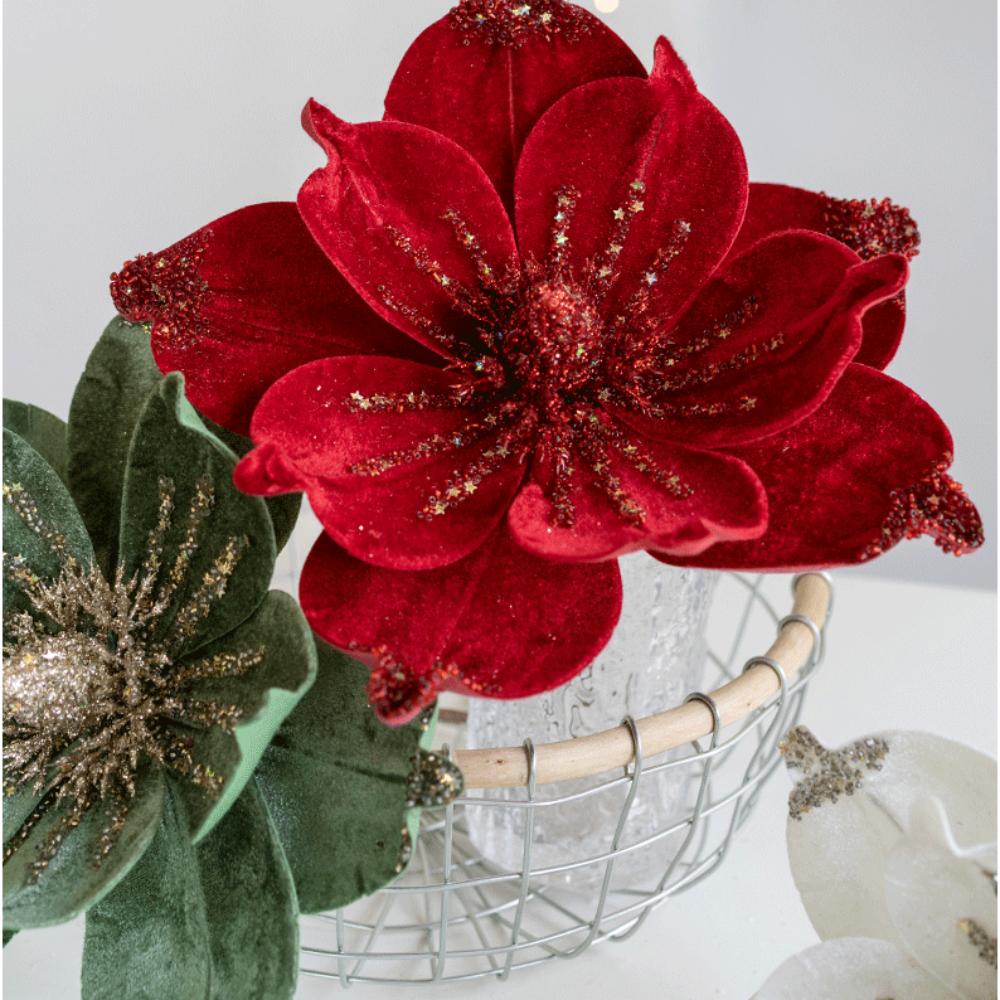 Sequin Artificial Poinsettia Glitter Flower 25cm 3D Simulation Magnolia  New Year Gifts