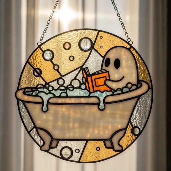 Bath-Time Ghost Reader Ornaments Cute Ghost Reading Book In A Bathtub Acrylic Hanging Suncatcher for Bathroom Window Wall Decoration