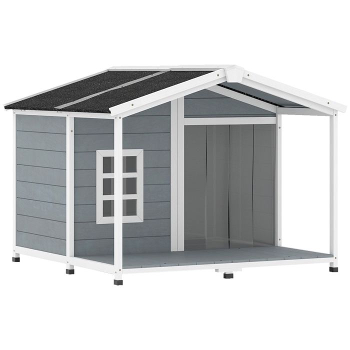 Raised Wooden Kennel with Asphalt Roof and Deck, Shelter for Medium-Sized Dogs, 103x107x83.5 cm, Gray