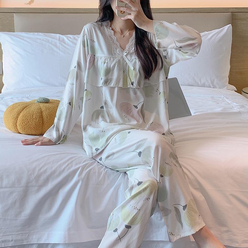 Cotton and silk pajamas women's spring and autumn 1011 new summer large size sweet pastoral style long sleeve anti-bumping loungewear set