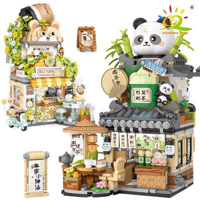 HUIQIBAO City Mini Street View Panda Tea House Модель Строительные блоки DIY Маленький медведь Кофейня Кирпичи Игрушки для детей и взрослых