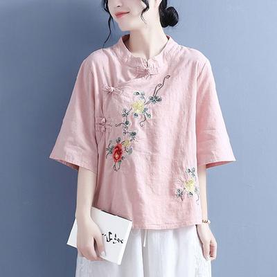 Рубашка из хлопка и льна в этническом стиле, женская весна-лето, воротник-стойка в китайском стиле, пластина с пряжкой, топ с косой планкой, вышивка