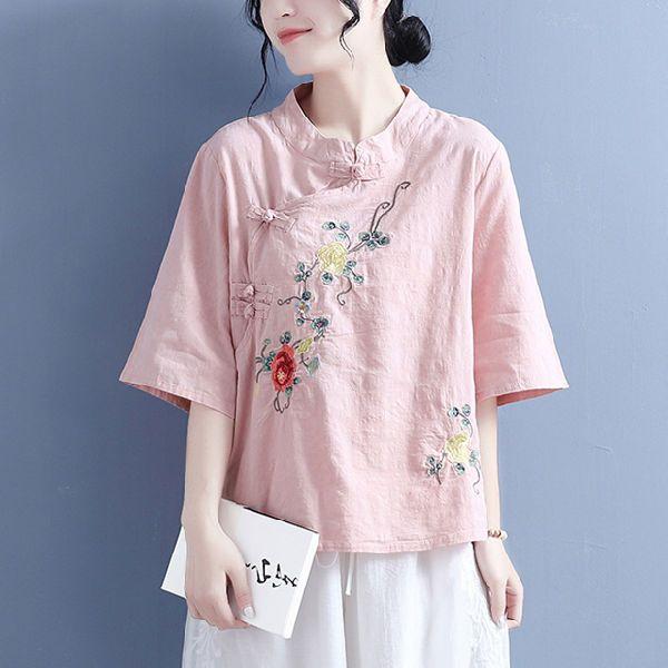 Летняя модная рубашка с коротким рукавом для женщин, повседневная, свободная, с вышитыми пуговицами, пуловеры из хлопка и пеньки, винтажные шикарные топы