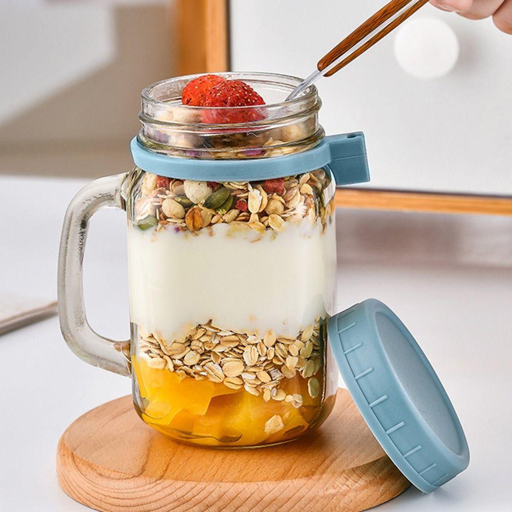 Spoons & Handle Milk Cup Oats Container Overnight Oats Jars Yogurt Pot Glass Breakfast Jar