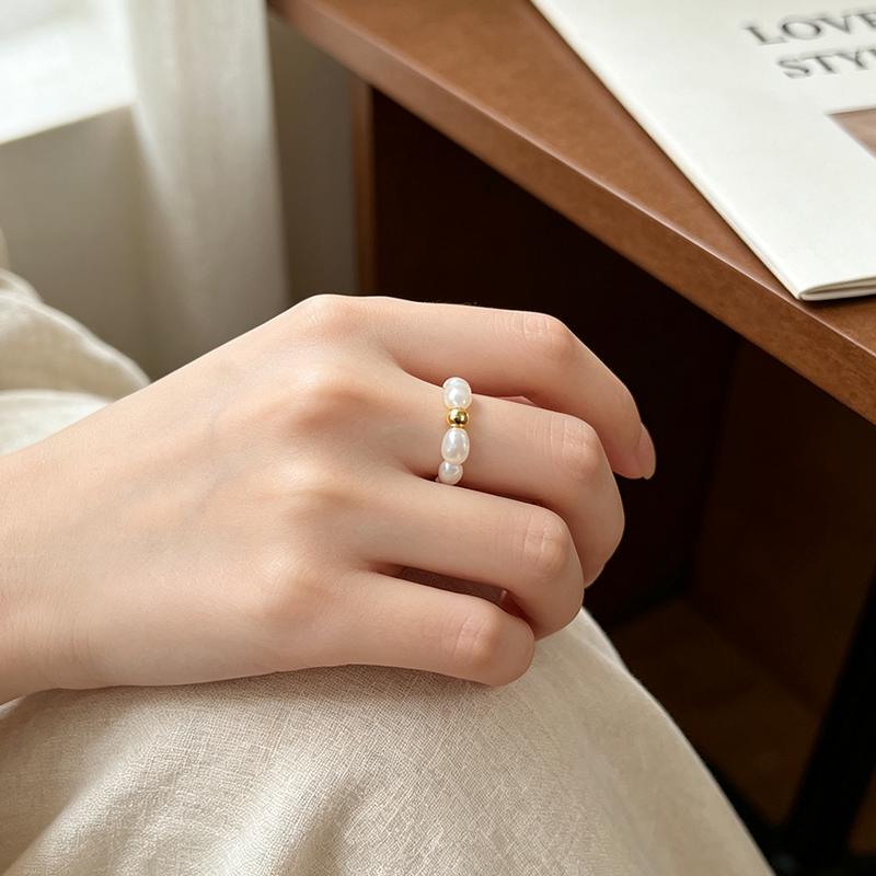 Irregular Baroque Stretch Ring Natural Freshwater Pearls AA Grade White Exquisite Commuter-Friendly Versatile Korean-Style