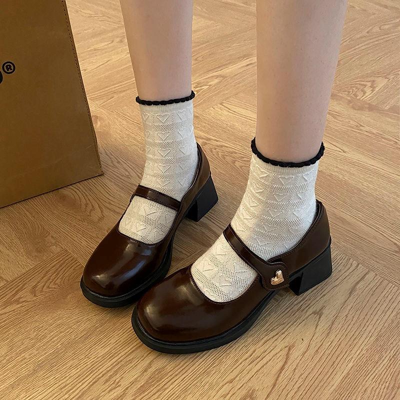 2025 новая французская модель Mary Jane маленькие кожаные туфли женские весенне-осенние универсальные с ремешком-застежкой круглая головка толстый каблук jk с юбкой туфли