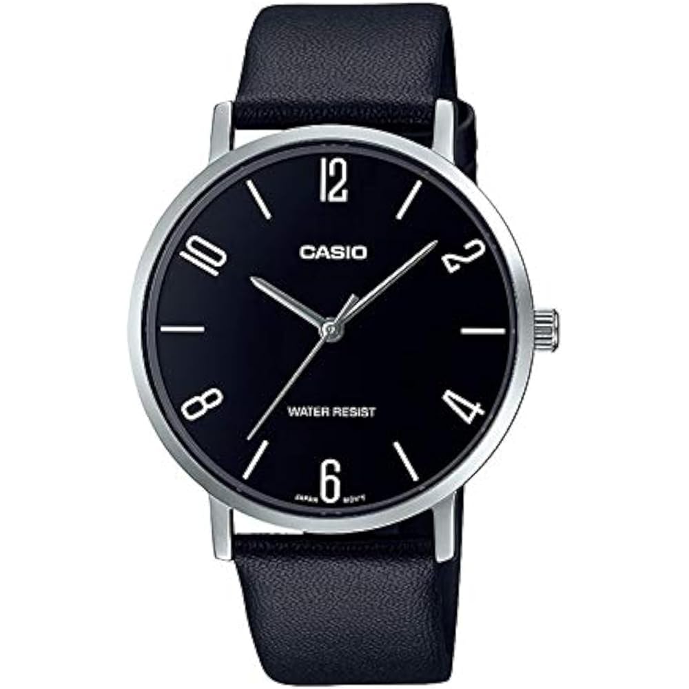 Casio MTP-VT01L-1B2 Minimal Black Dial Men's Analog Watch Black Leather Band Quartz Movement