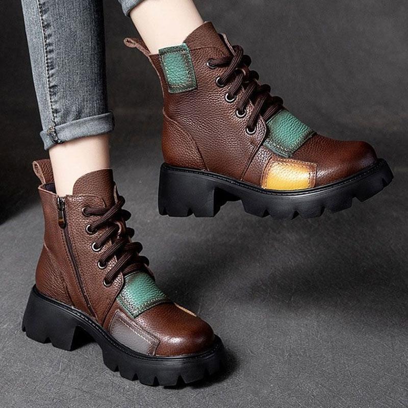 Thick-heeled Boots Women's Spring and Autumn Soft Leather Color Short Boots High-heeled Waterproof Platform Retro Single Boot