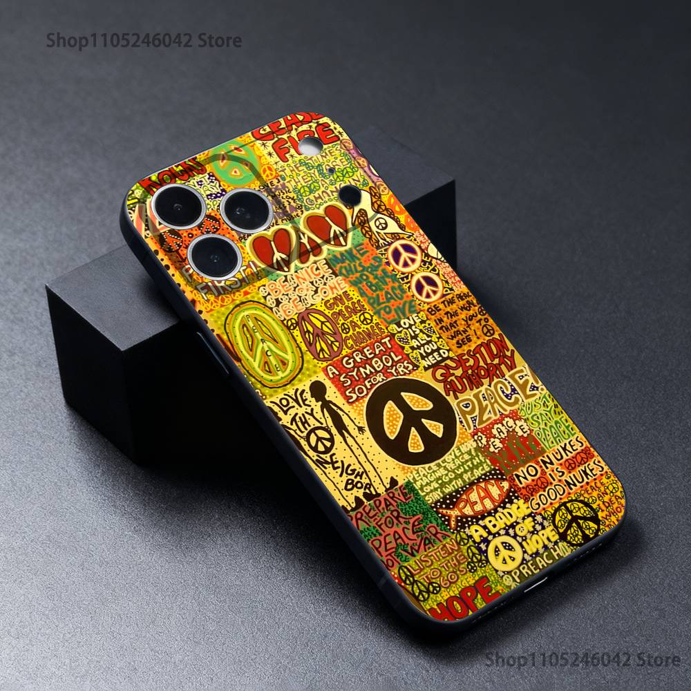 Peace and Love Phone Case For iPhone 17,16,15,14,13,12,11,Pro,Max,Plus Black Soft Cover