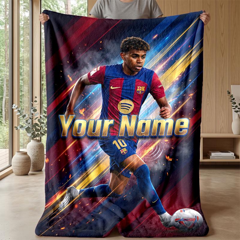 Lamine Yamal Custom Name Text Flannel Blanket Soccer Logo Personalized Fleece Throw Blanket Special Gift For Sofa Bedroom Home
