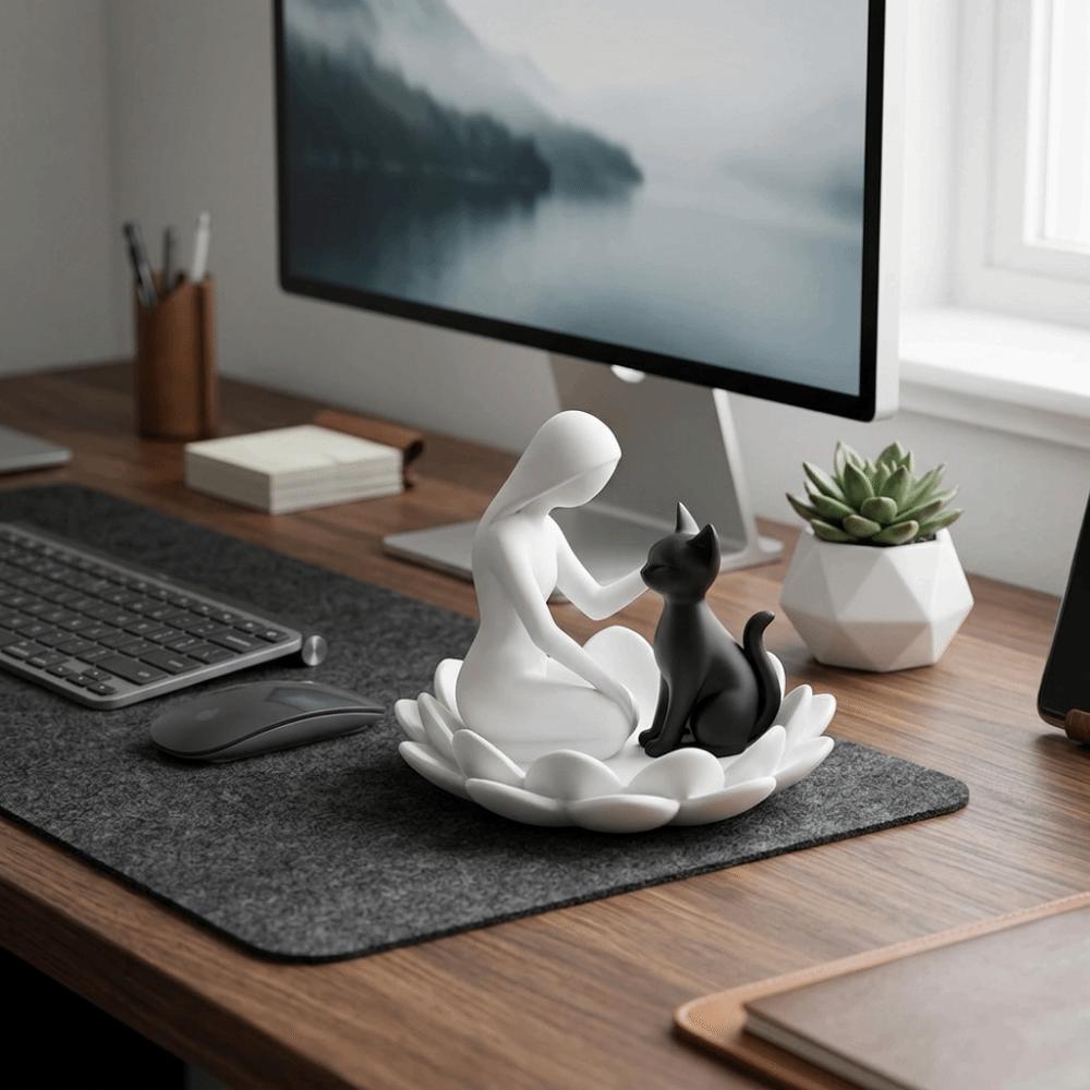 Creative Girl And Cat Statue 3D Printed Lotus Cat Sculpture Collection Desktop Ornaments Home