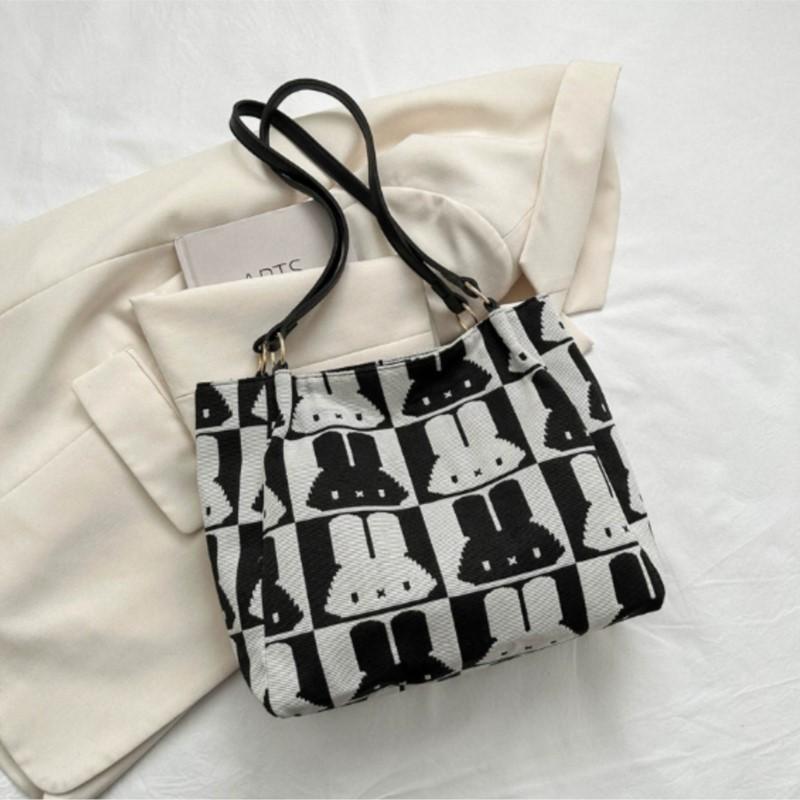 Korean Cute Rabbit Print Tote Bag Women Black White Color Block Large Capacity Shoulder Bag Ladies Canvas Fashion Underarm Bags