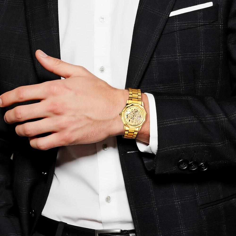 Oidea Men's Octagonal Automatic Wristwatch Business Classic Easy Gear Style Luminous Stainless Steel Durable Gift Gold