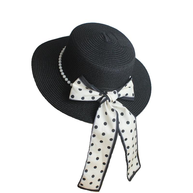 Straw Hat Summer Sun Hat Elegant Polka Dot Streamer Pearl Flat Top Hat Travel Small Fresh Sun Hat