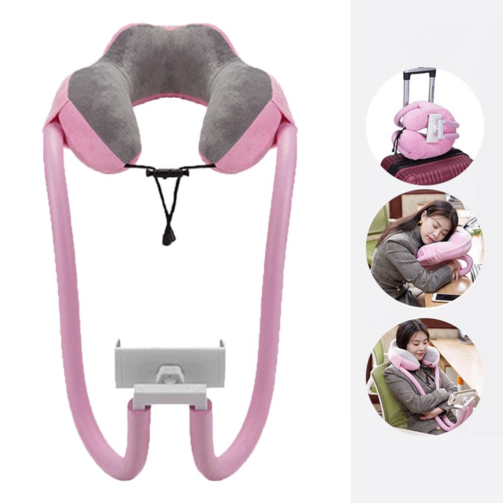 Neck Pillow Phone Holder U Shaped Pillow with Lazy Phone Bracket for Travel Office Light Pink Free Size