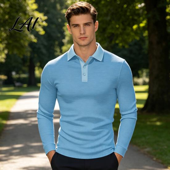Long Sleeve Golf Wear Men Shirt Turndown Collar Button Neck Formal Office Shirt Solid Color Breathable Pullover Top for Sports Daily Mens
